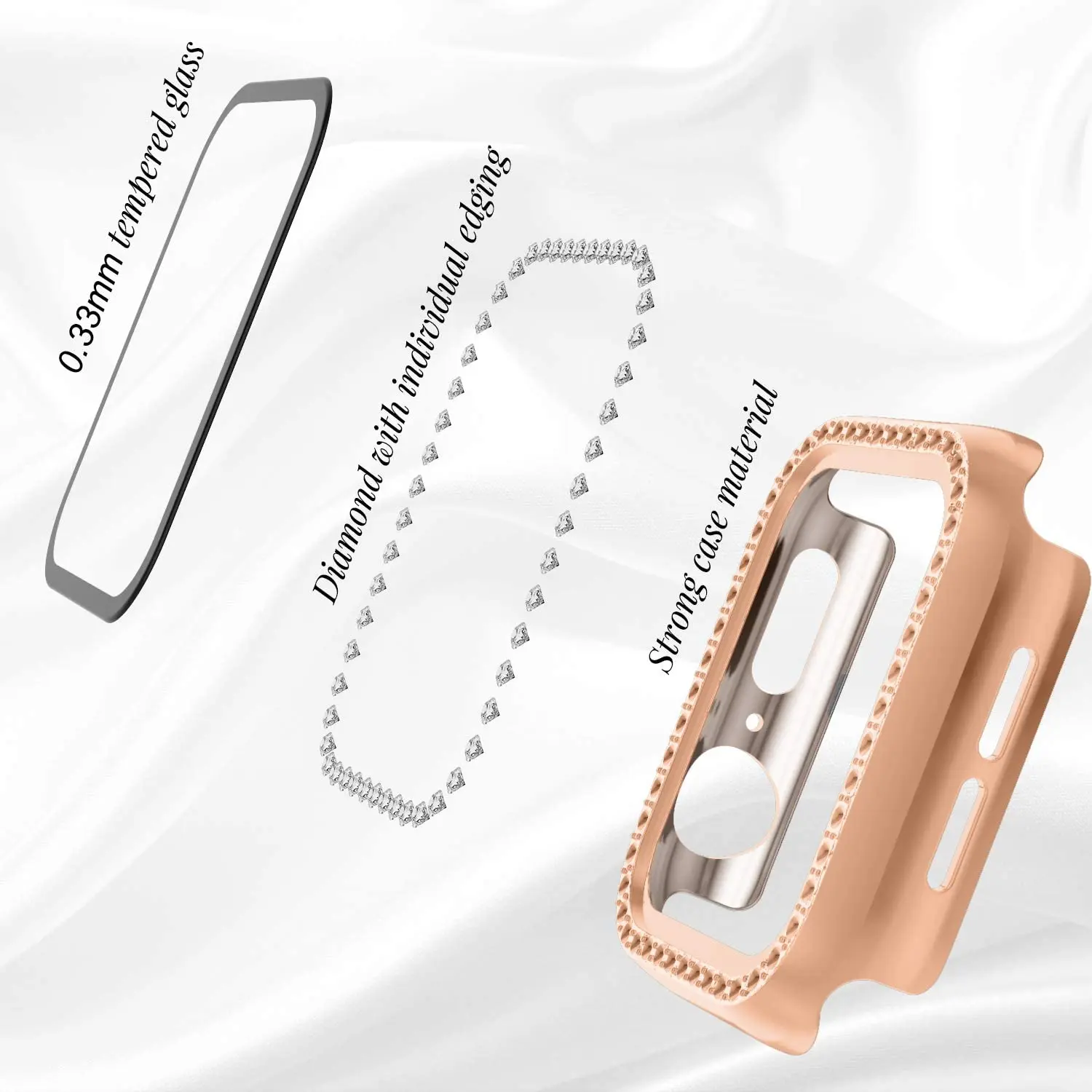 Case+Glass for Apple Watch 45mm 41mm 44mm 40mm 42mm 38mm, Full Cover Bling Crystal Rhinestone Protective Bumper for iWatch7 6 5