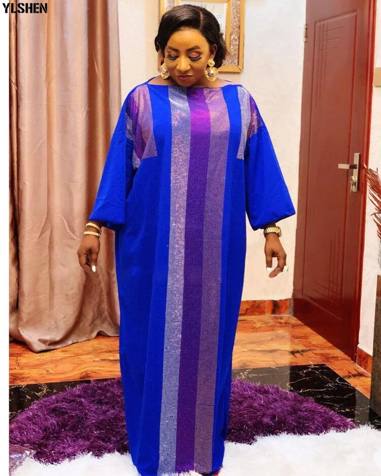 African Dresses for Women 2020 Dashiki Silk Diamonds Stripe Robe Boubou Africaine Femme Africa Maxi Dress African Clothes Ladies 02