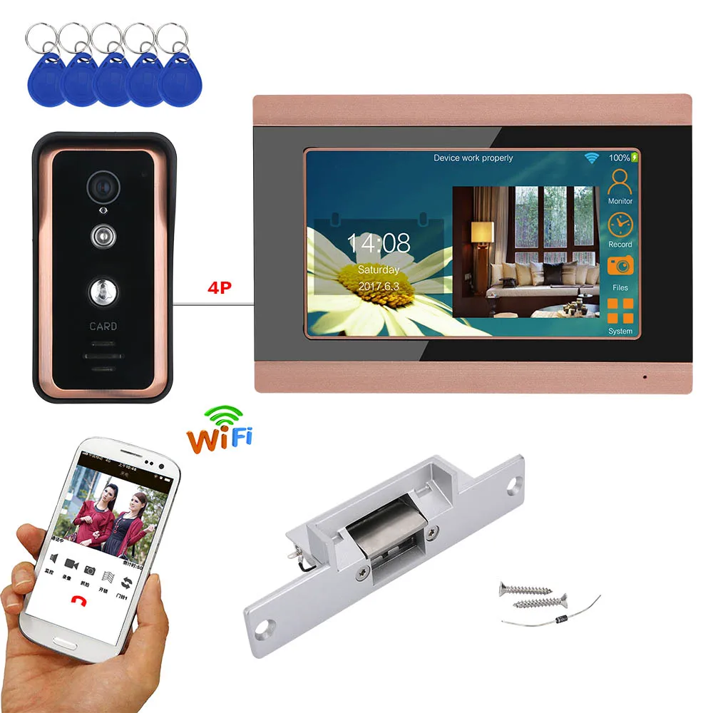 

7 inch Record Wireless Wifi RFID Video Door Phone Doorbell Intercom System with 720P Camera Electric Strike Lock