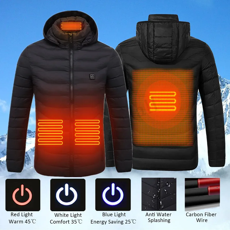

Men Winter USB Heating Jackets Smart Thermostat Women Warm Hooded Heated Clothing Fever 2 Places cotton-padded Jacket
