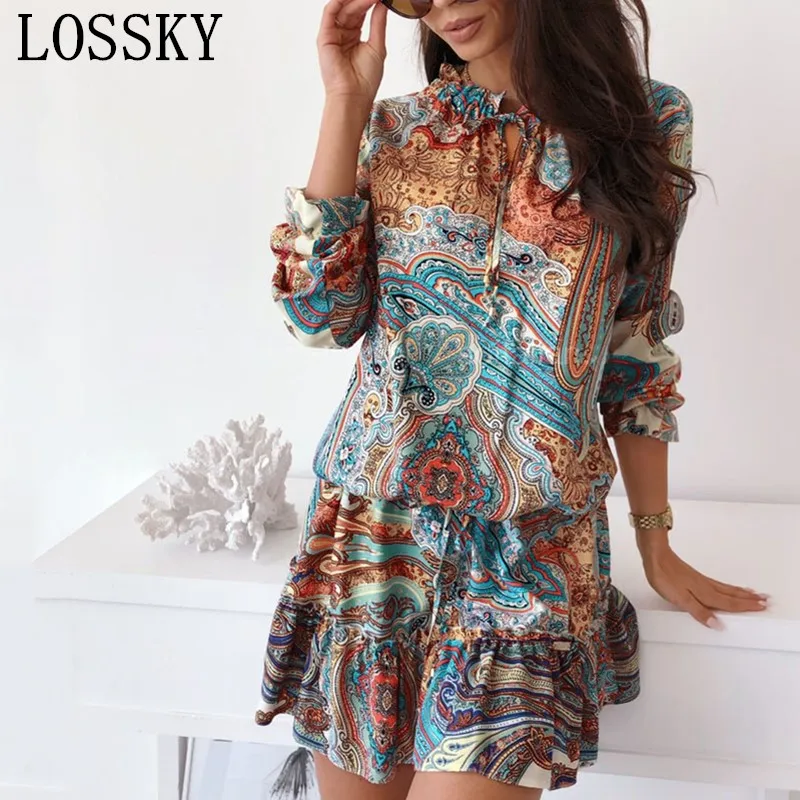 

Boho Vintage Floral Print Fall Mini Dress Casual V Neck Long Sleeve Ruffle Lace Up Autumn Summer Sexy Beach Party Dress Vestidos