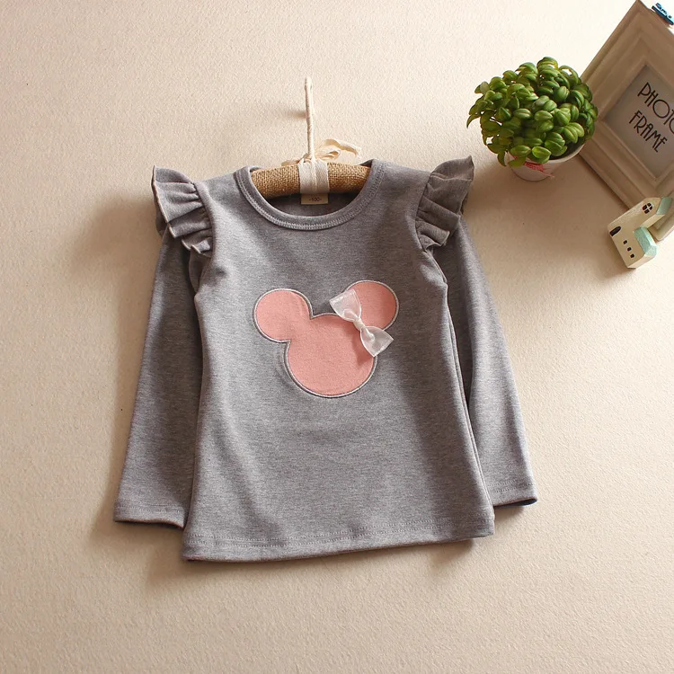 Girls Long Sleeve Children's T-shirt Bottom-shirt Children's Autumn Cartoon Embroidered Cotton T-shirt - Цвет: E19-gray