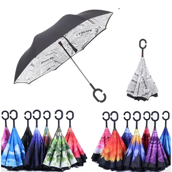

Windproof Reverse Folding Umbrella Man Women Sun Rain Car Inverted C-Handle Umbrellas Double Layer Anti UV Self Stand Parapluie