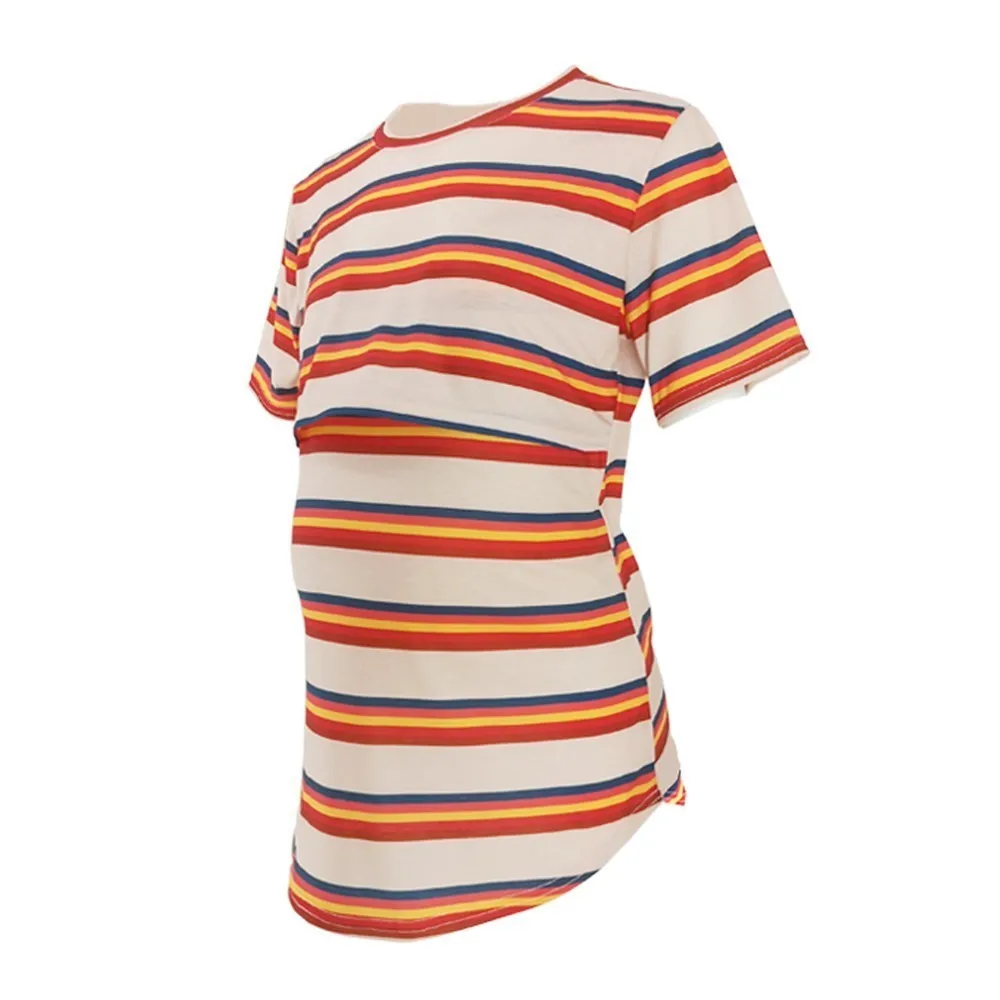 ENXI Striped Maternity Nursing T Shirt O Neck Summer Casual T-shirt Clothes For Pregnant Women Pregnancy Feeding Tee Top