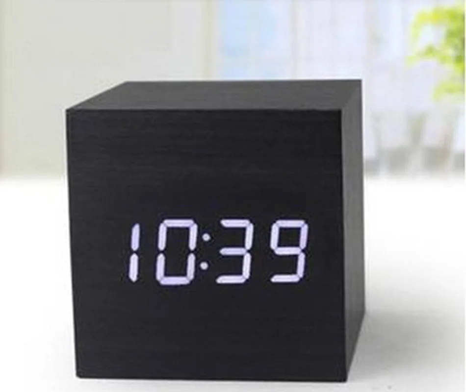 Cube wooden LED Alarm Clock,despertador Temperature Sounds Control LED