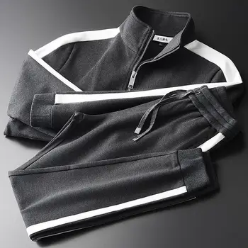 

Thick solid fabric stand-up collar sweater suit men's slim 2020 autumn new leisure sports two-piece suit