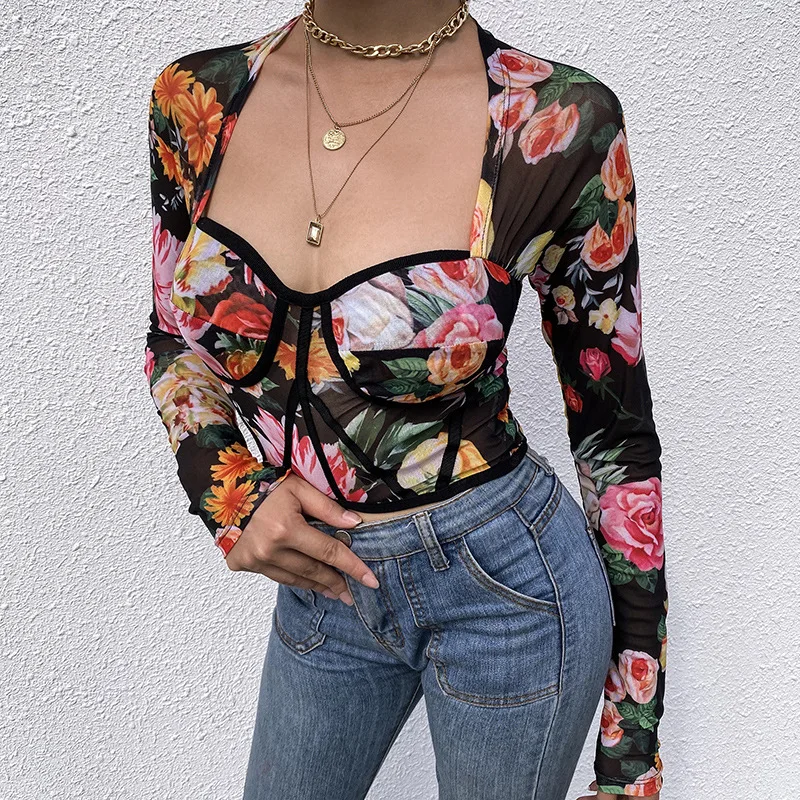 Koop Cryptografische Sexy Backless Fashion Bloemenprint Blouses Vrouwen Tops Shirt Korte Vierkante Kraag Cropped Tops Slim Hot Streetwear