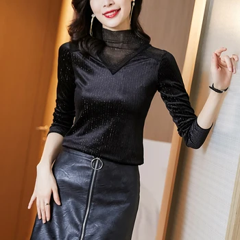 

COIGARSAM Lace blouse women New Spring Patchwork Mesh Turtleneck blusas womens tops and blouses Black 2241