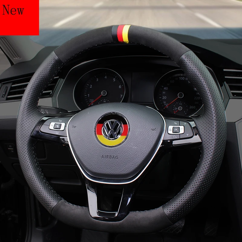 Handstitched Leather Suede Car Steering Wheel Cover For Volkswagen