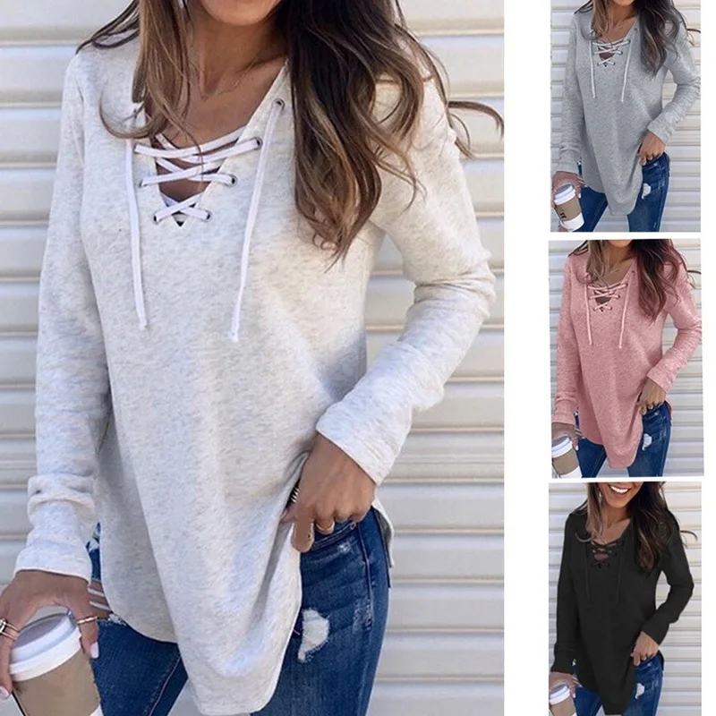 

Currently Available Autumn And Winter New Style Europe And America Amazon Hot Selling Solid Color V-neck Bandage Cloth Loose Top
