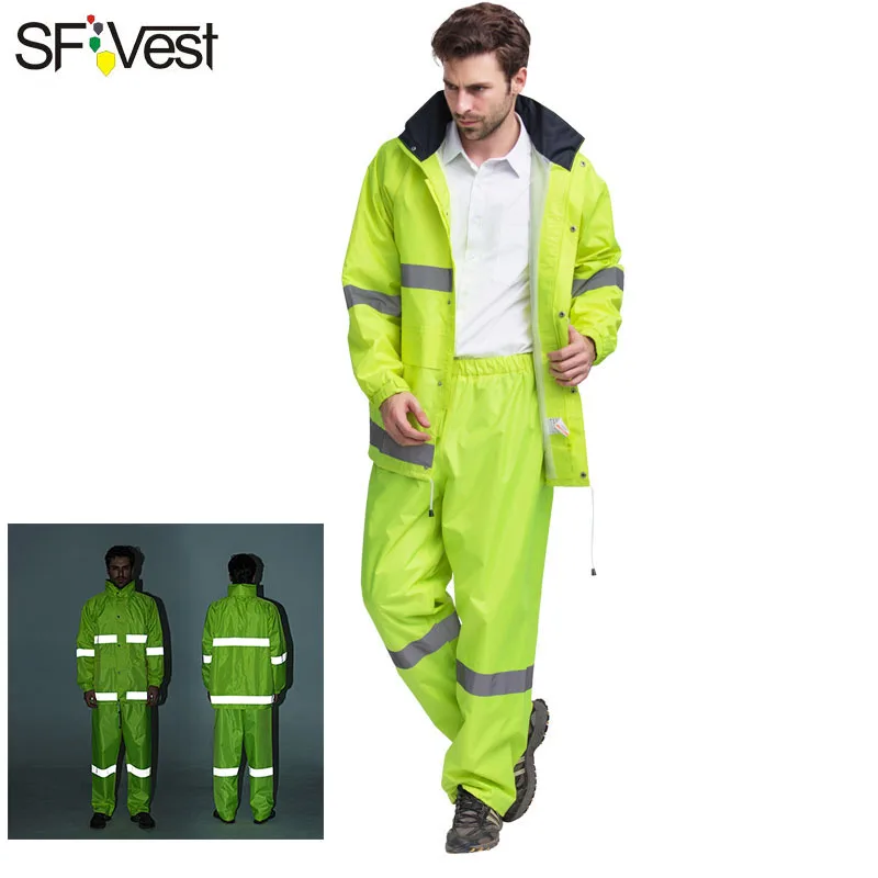 

High Visibility Reflective Raincoat Spilt Set Mens Safety Raincoat Waterproof Jacket And Pants Rainsuit Set Traffic/Construction