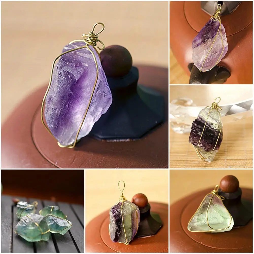 

Pure Natural Quartz Crystal Pendant Stone Unpolished Colorful Green Blue Random Fluorite Healing Hexagonal Wand Treatment Stone