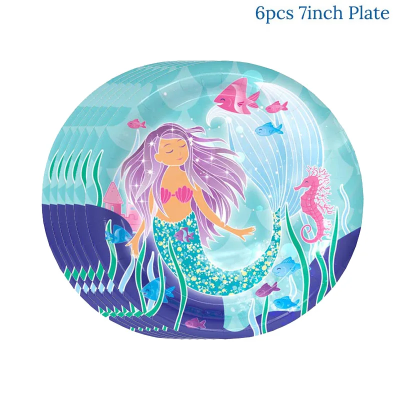 6pcs paper plate Праздничные украшения для девочек на день рождения, вечерние одноразовые столовые приборы в стиле Русалочки, принадлежности для пляжного отдыха, свадьбы, для детского душа - Цвет: 6pcs paper plate