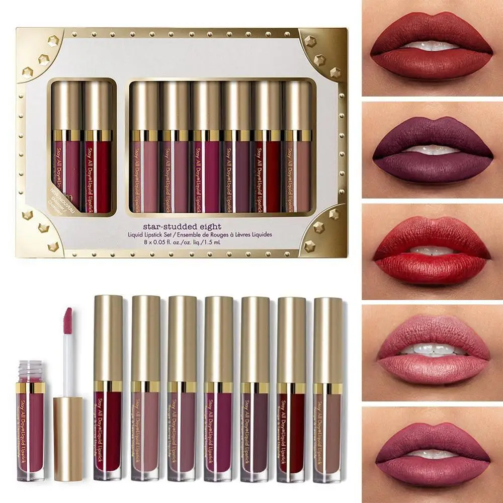 Gorgeous 8Pcs Matte Liquid Lip Gloss Set Creamy And Shimmer Lipstick Kit Waterproof Makeup Long-lasting Lipgloss Cosmetics | Красота и