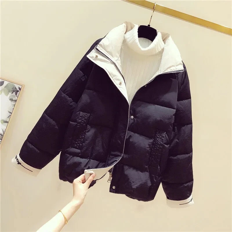 Women's Short Padded Jacket 2021 New Korean Version Loose Stand Collar Cotton-Padded Jacket Suit Hit Color Cotton-Padded Jacket