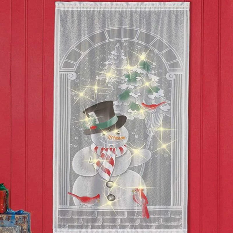 

Cute Snowman Pattern Lace Curtain With LED Light String Lace Curtain Colorful Christmas Decoration Accessories
