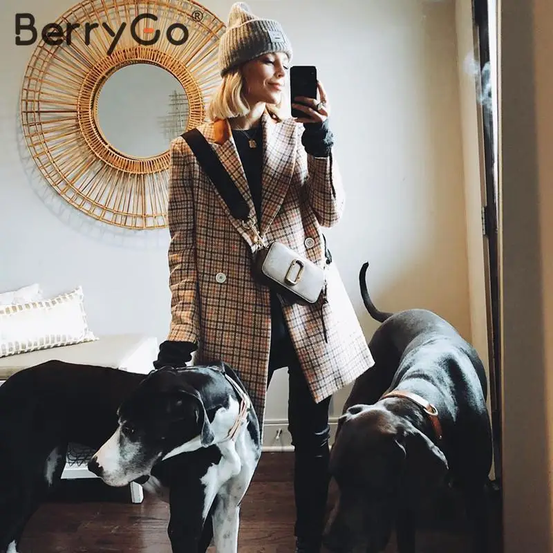 BerryGo, элегантные офисные женские клетчатые блейзеры, пальто для женщин, повседневные осенне-зимние куртки с длинным рукавом, пуговицами, карманами, женские блейзеры