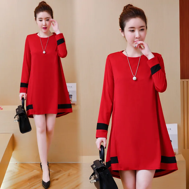 

2019 New Style Large Size Dress Fat Mm Spring And Autumn Tibetan Meat Long-sleeved T-shirt Loose-Fit Slimming Cover Belly Dress