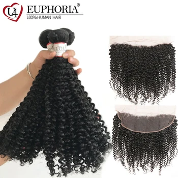

Brazilian Kinky Curly Human Hair 3 Bundles With Lace Frontal Natural Color Remy Hair Weave With 13x4 Closure Frontal EUPHORIA