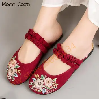 

2019 Women Slippers Causal Flat Shoes Sandals Flower Embroidered Flats Mules Shoes Women Home Half Slippers Summer Footwear New