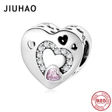 Модные 925 пробы Серебряное пустое сердце прозрачные и розовые CZ бусины подходят для женщин Pandora Браслеты Ожерелья DIY серебряные ювелирные изделия