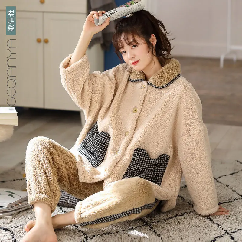 

2020 Winter Women Thicken Pajama Sets Female Warm Flannel Sleepwear Suit Women Long Sleeve Turn-down Collar Coat & Pants