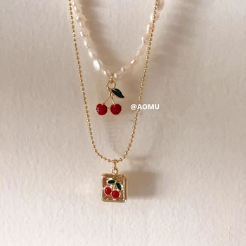 

AOMU 2020 Korean Vintage Baroque Natural Pearl Choker Cute Cherry Necklace Simple Thin Clavicle Chain for Women French Jewelry