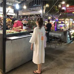 Лето 2019 новый корейский Ins Ветер Свободный с буквенным принтом круглый вырез костюм с длинным рукавом платья