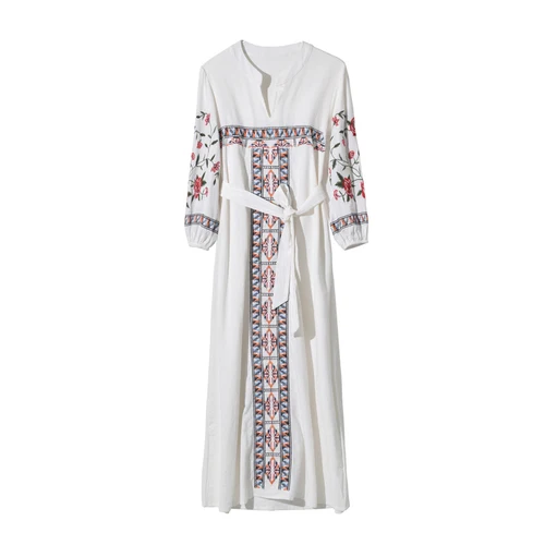 Boho Chic каштановых в винтажном стиле рукав «фонарик» цветочной вышивкой пляжное богемное женское платье-миди с v-образным вырезом, летнее платье, vestidos - Цвет: white