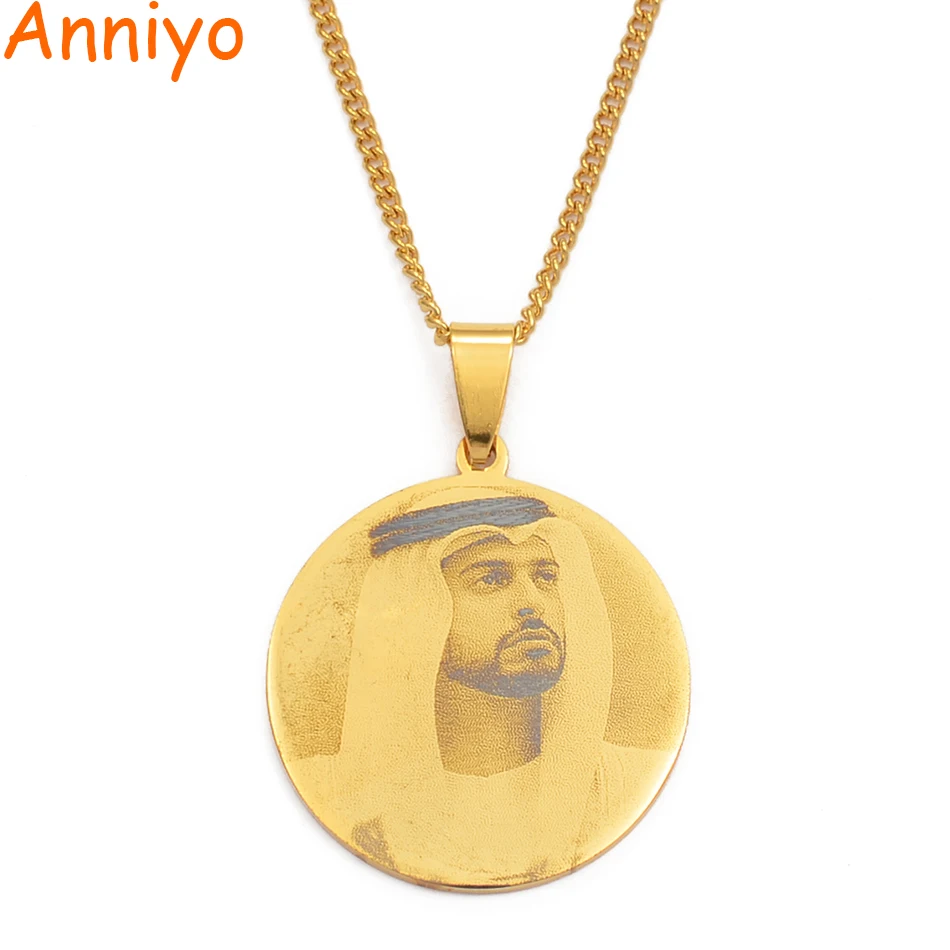 Anniyo Saudi Arabia Sheikh Zayed& Zayed bin Hamdan Pendant Necklaces Gold Color Stainless Steel Custom Portrait Jewelry#116121