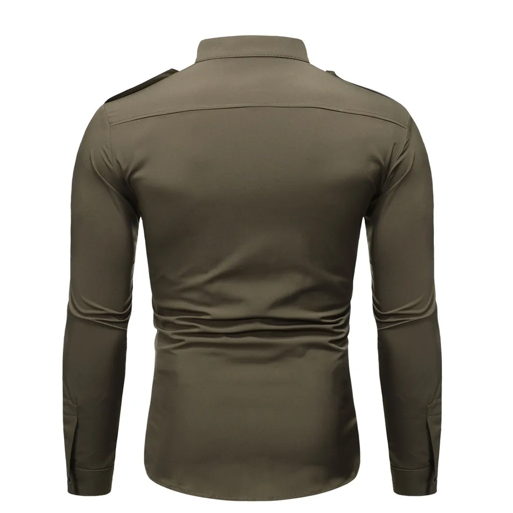 Рубашка мужская осень-зима карман Trun-вниз воротник Кнопка Slim Fit сплошной длинный рукав Calca Social Top однотонная блузка Camiseta
