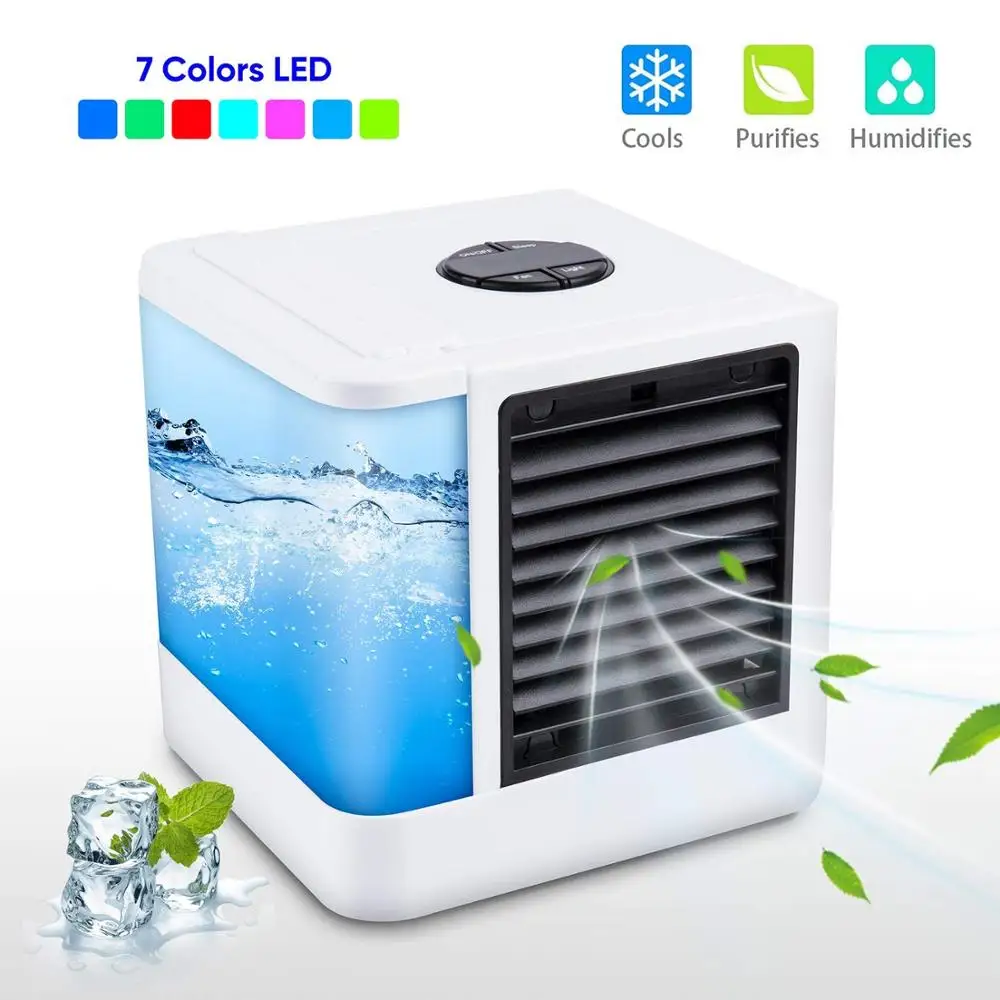 Miniventilador de aire acondicionado para oficina y hogar, Enfriador de mesa portátil con USB, luz de 7 colores