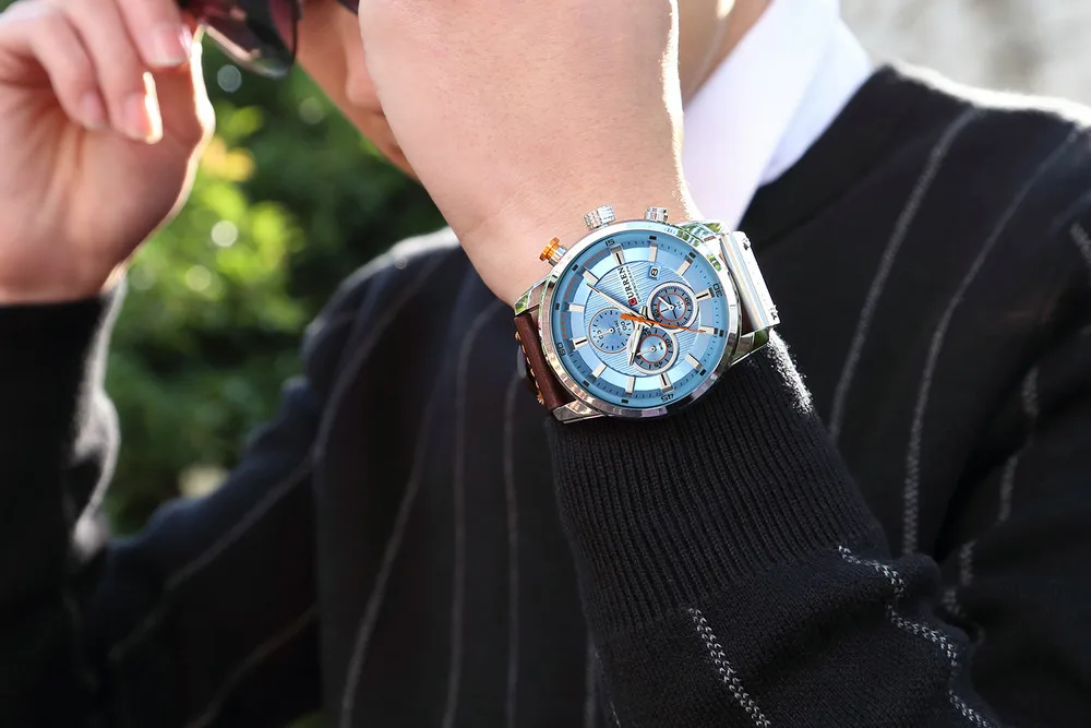 CURREN Модные синие кварцевые мужские часы Топ бренд класса люкс Хронограф Кожаный ремешок функциональные наручные часы Relogio Masculino 8291
