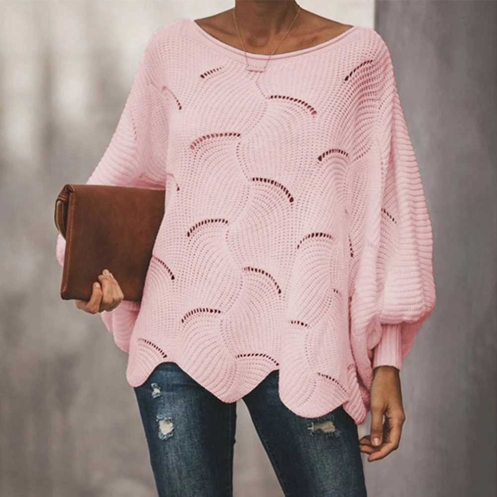 Женский осенний свитер размера плюс, тонкий Однотонный свитер с дырочками, повседневный свободный свитер с рукавом летучая мышь, женский свитер