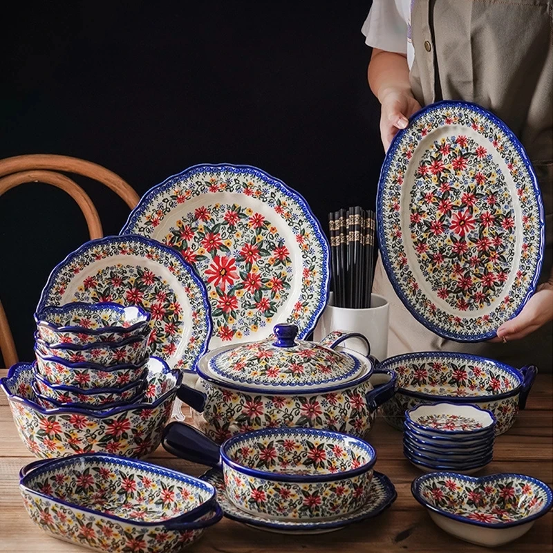 Ceramic Bowls Polish Style Bakeware Baking Binaural Bowl With Handle Tableware Salad Dessert Steak Pasta Plate ceramic noodle bowl tableware set cereal bowls