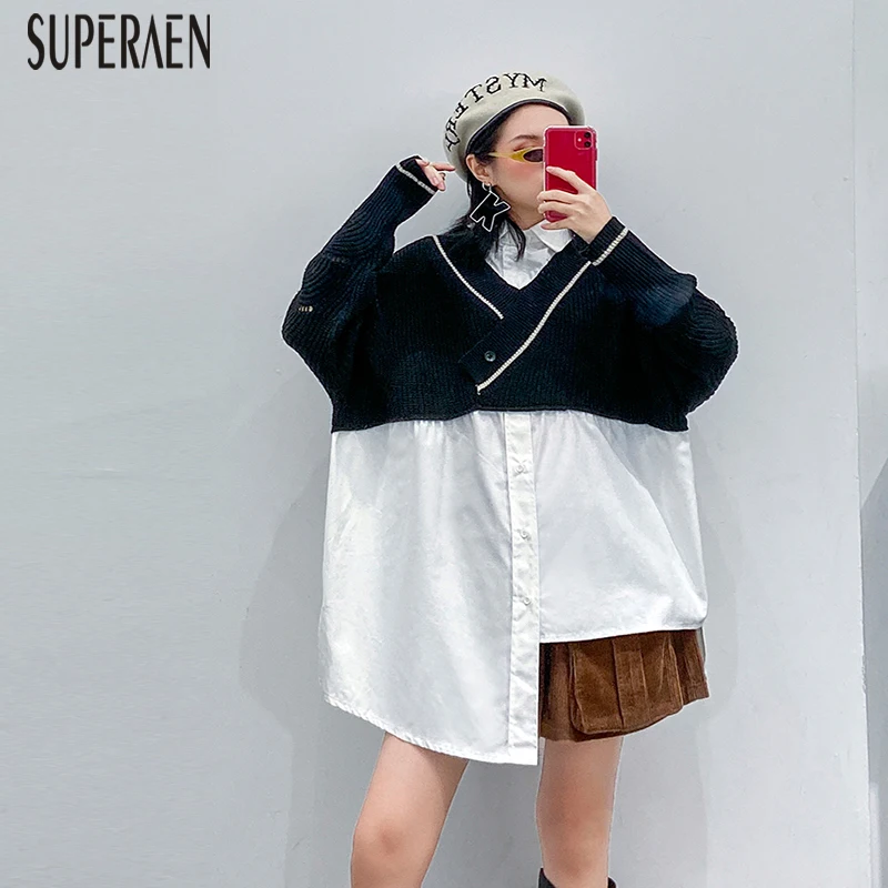 SuperAen, вязанная рубашка для женщин, осень и весна, новые женские блузки и топы, женская одежда с длинным рукавом