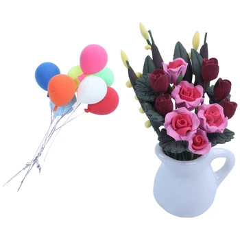 

1 Pcs Miniature Beautiful Red Flowers & 8 Pcs 1/12 Dollhouse Miniature Balloons Children