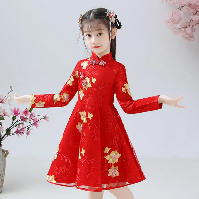 Chinese Traditional Dress Midi Party Dresses Cheongsam Qipao for Girls Party Costumes New Year Clothes Princess Kids 3-12Years,girls dress,princess costume,kids clothes
