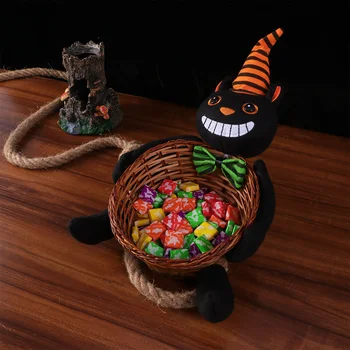 

2020 Halloween Storage Basket Bamboo Cute Black Cat With Hat Candy Basket Cookie Container Decorative Supplies For Home