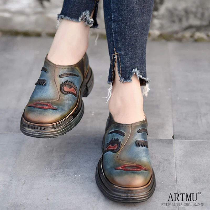 

Artmu Original Thick Sole Wedge Heels Women Shoes Leisure Genuine Leather Deep Mouth Handmade Platform Casual Shoes Round Toe