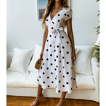 

2019 Summer Maxi Beach Dress Women Black White Polka Dot Casual Dress V Neck Tunic A Line Midi Dresses For Women
