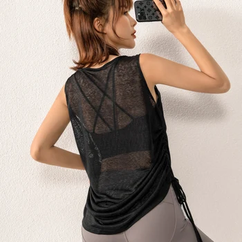 Women Sport Vest Loose Thin See through Yoga Shirt Running Fitness Sleeveless T shirt Quick