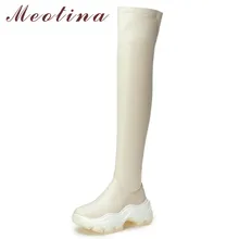 Meotina/зимние сапоги до бедра; Женские Сапоги выше колена из натуральной кожи на плоской платформе; пикантная женская обувь из эластичного материала