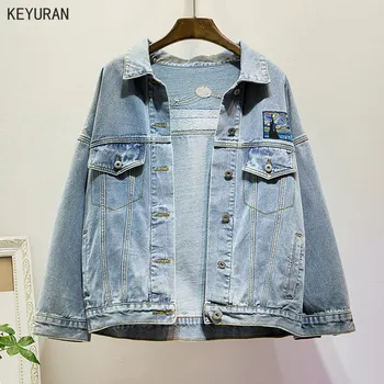 

Women Basic Coats Autumn Denim Jacket Vintage Embroidery Long Sleeve Loose Plus Size 4XL Jeans Coat Spring Casual Girls Outwear