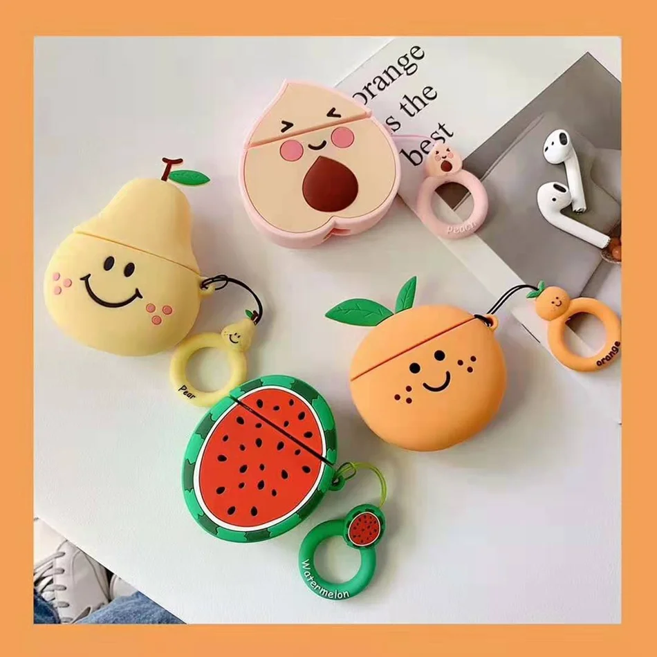 

For Airpods Case Cute Cartoon Earphone Cases For Apple Airpods 2 Fruit Strawberry Peach Cover For Earpods Earbuds Ring Strap