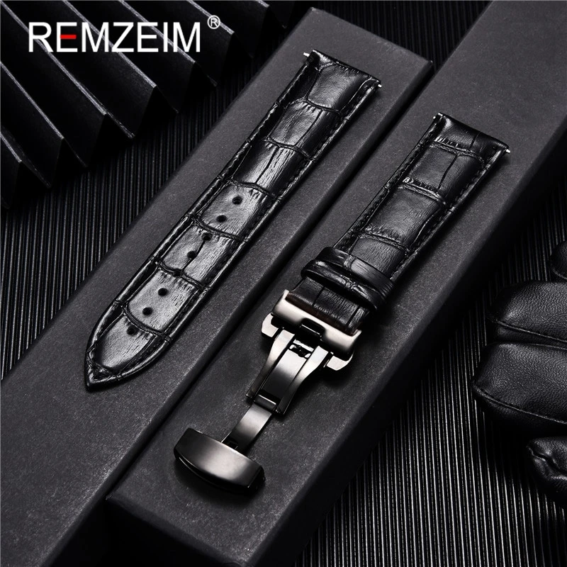 Embossed Genuine Leather Strap with Automatic Butterfly Buckle - Business Watchband