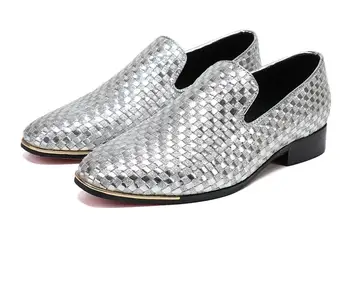

Toe Cow Leather Pointed Shoes Daily Plaid Men Casual Business Dress Shoes Oxfords Men Flat Slip-On Silver handmade shoes