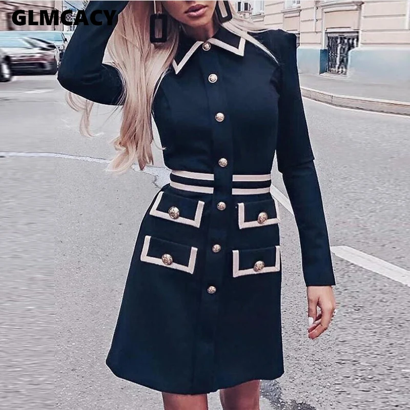 Women Single Breasted Turn Down Collar Pocket Design Elegant Dress Chic Office Lady Spring Fall Street Wear Runway Dress