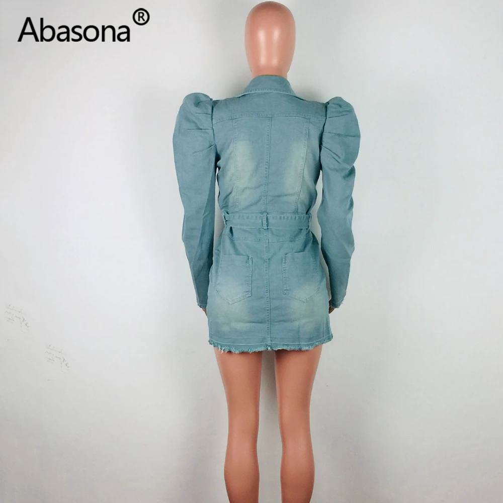 Abasona, Осеннее, женское, зимнее, с отложным воротником, пышное, полный рукав, джинсовое, с карманами, выше колена, мини-платье, сексуальное, для ночного клуба, вечерние платья