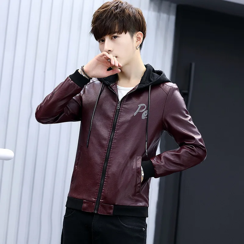 Men Hooded PU Leather Autumn New Style Korean-style Slim Fit Fashion Men'S Wear Teenager Leather Jacket Coat Fashion